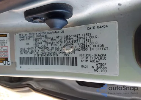 2004 Lexus Gx 470 z USA, uszkodzony, nr VIN JTJBT20X240049034